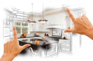 Female Hands Framing Custom Kitchen Design Drawing and Photo Combination.