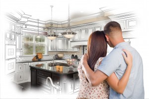 Young Military Couple Inside Custom Kitchen and Design Drawing