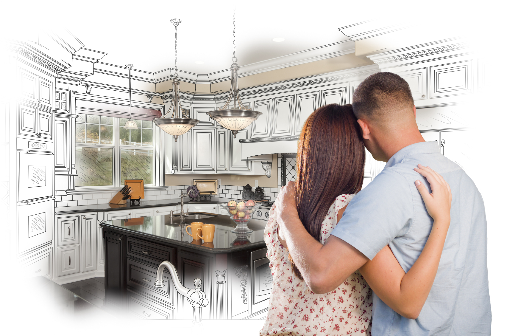 Young Military Couple Looking Inside Custom Kitchen and Design Drawing ...